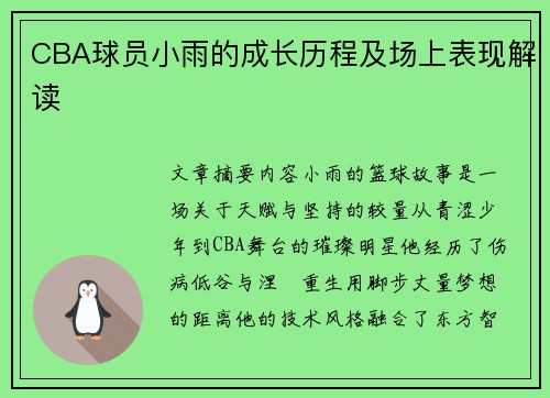 CBA球员小雨的成长历程及场上表现解读
