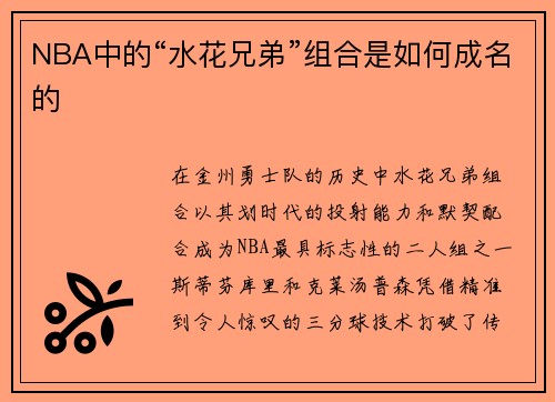 NBA中的“水花兄弟”组合是如何成名的