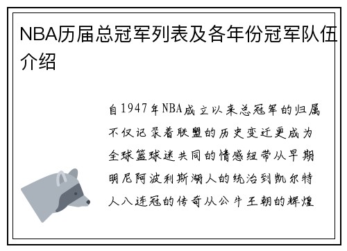 NBA历届总冠军列表及各年份冠军队伍介绍